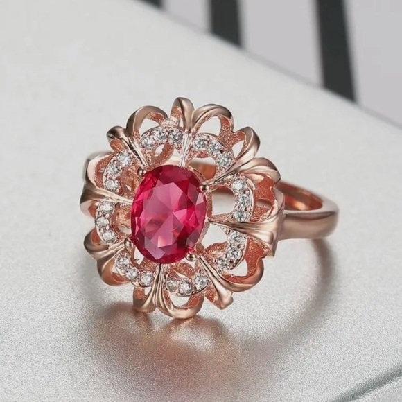 18k Rose Gold Plated Colorful Gemstone Ring Crystal Ruby inlaid Halo Design - Picture 6 of 7